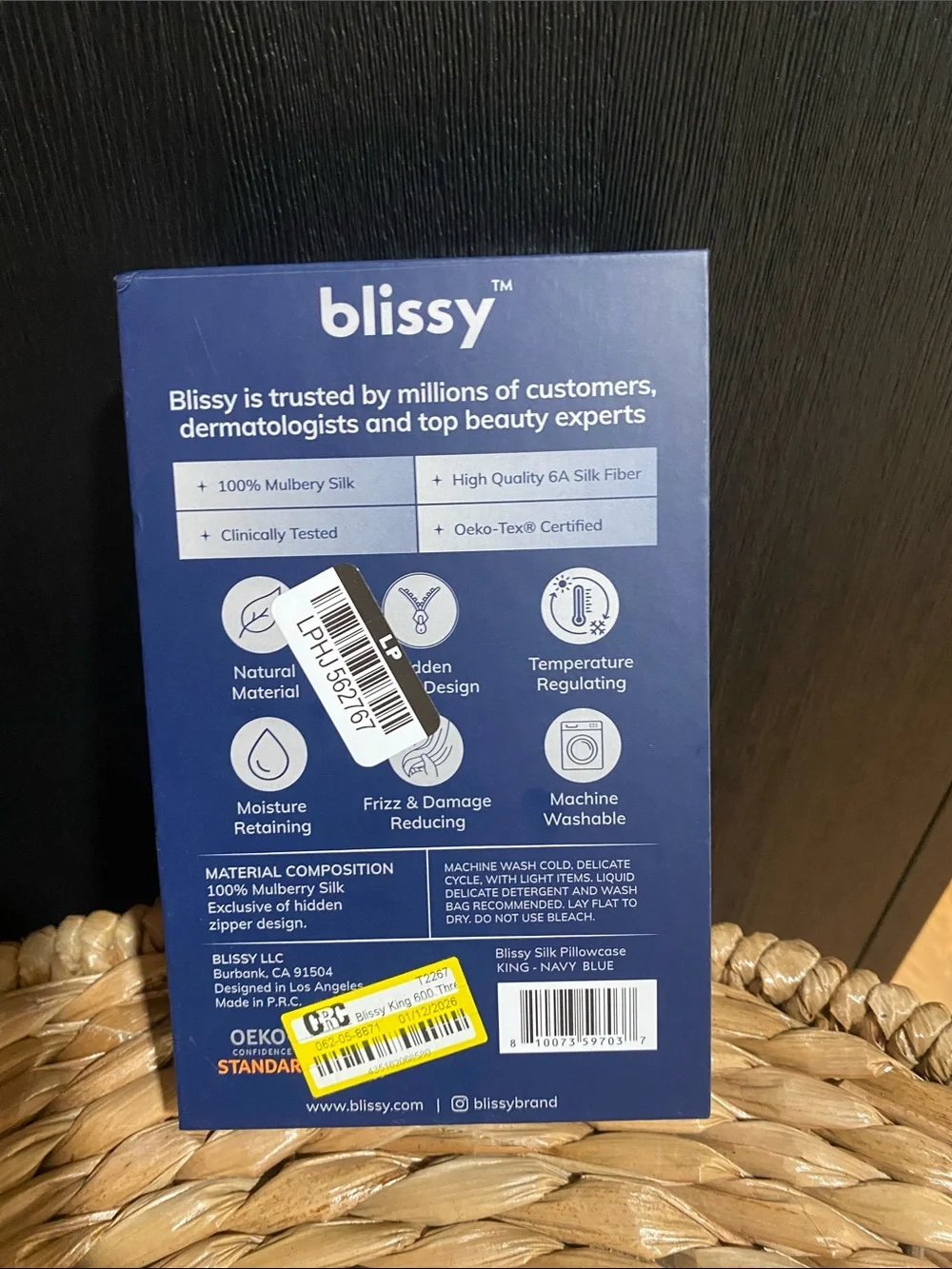 NEW Blissy Blue 100% Silk King Size pillowcase